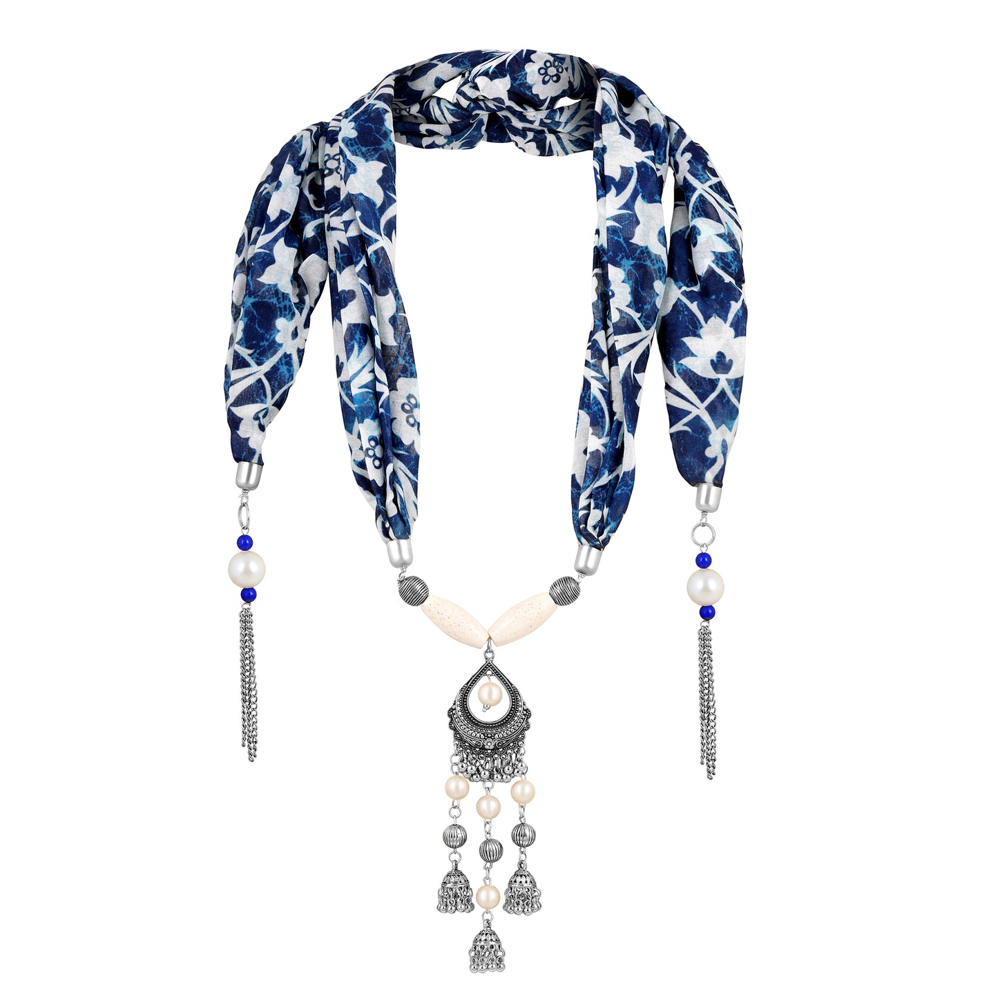 Bdiva Indigo Floral Scarf with Indian Jewelry and Motif.
