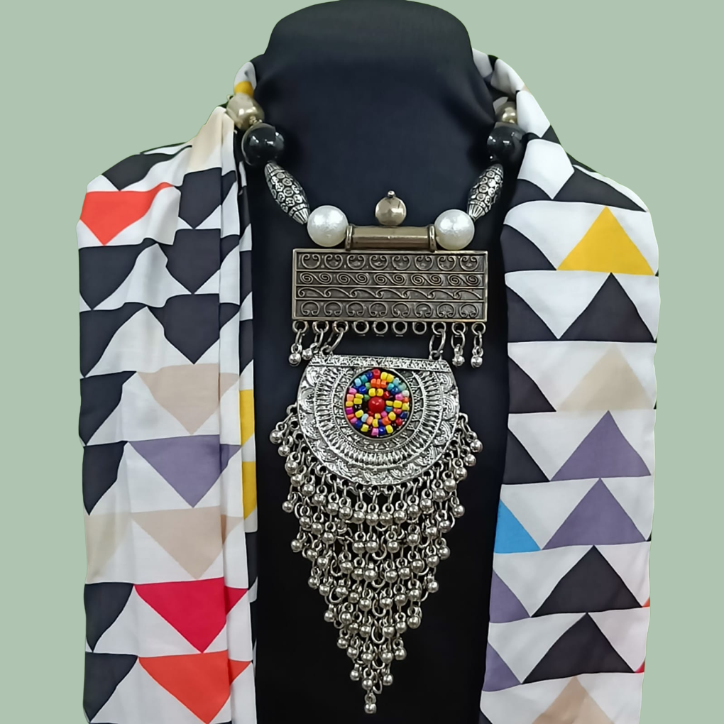 Bdiva Geometric Print Jewelry Scarf With Indian Traditional Motif.