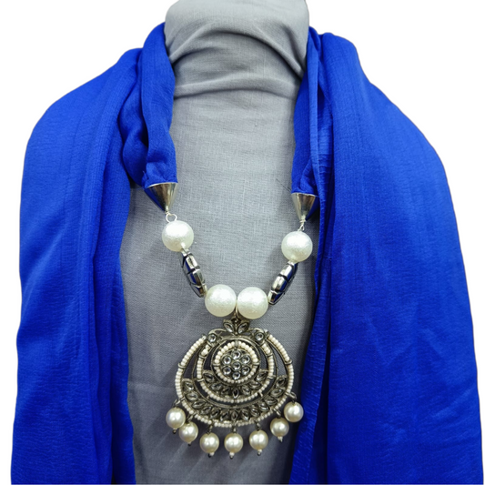 Bdiva Handmade Blue Georgette Scarf with Traditional Kundan Pendant.