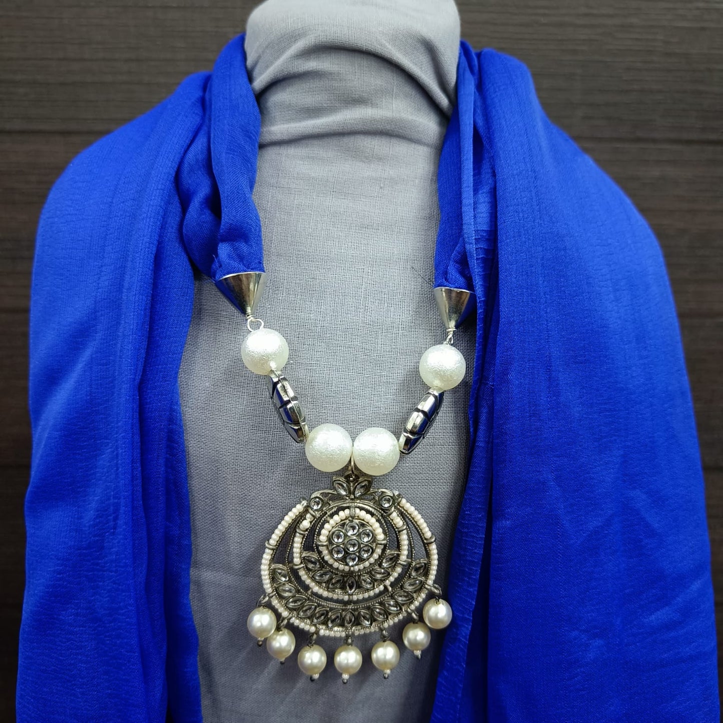 Bdiva Handmade Blue Georgette Scarf with Traditional Kundan Pendant.