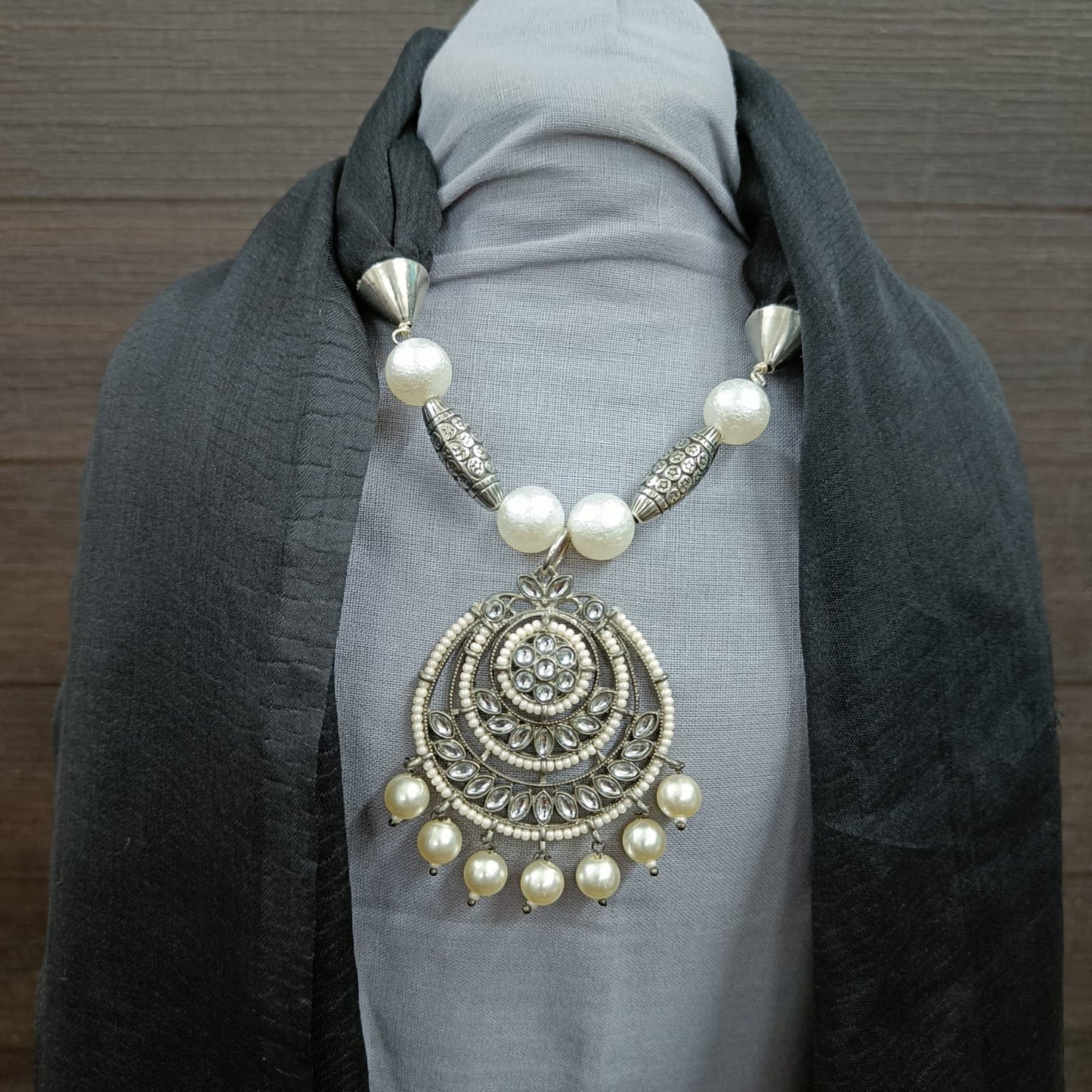 Bdiva Handmade Black Georgette Scarf with Traditional Kundan Pendant.