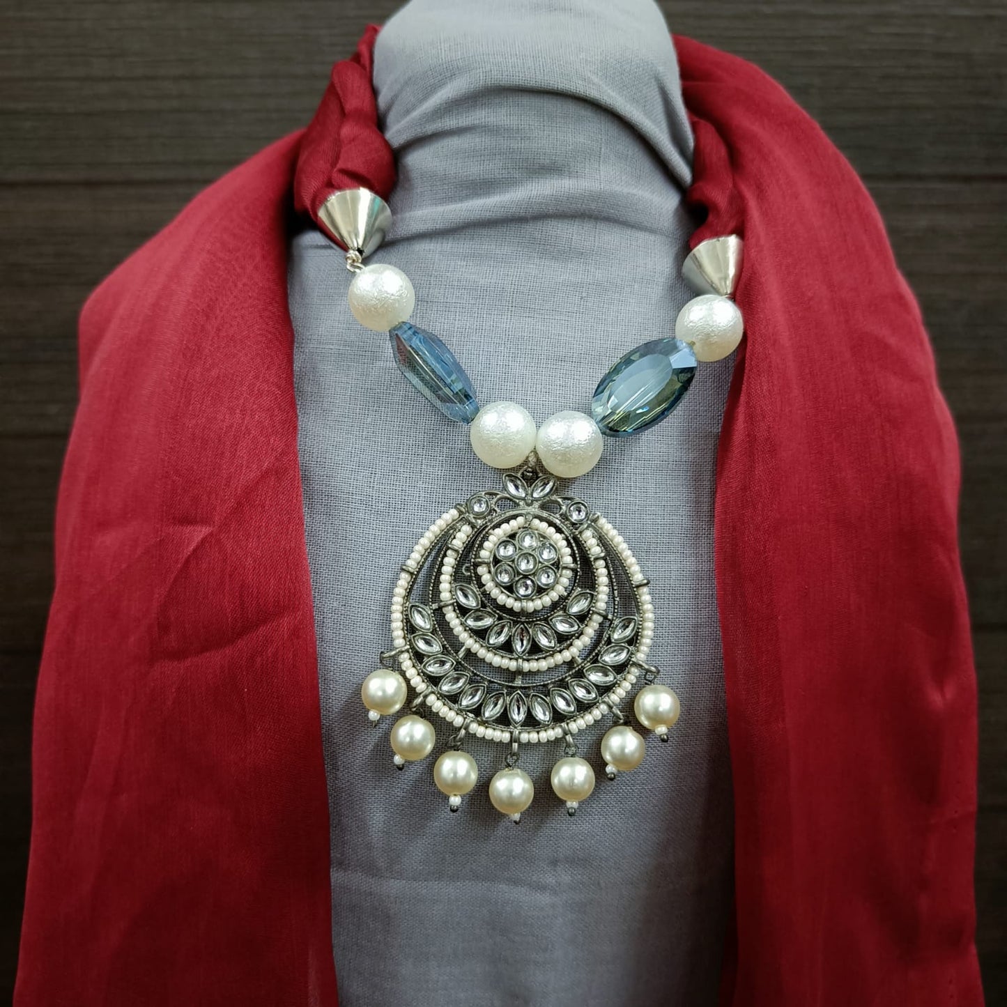 Bdiva Handmade Maroon Georgette Scarf with Traditional Kundan Pendant.