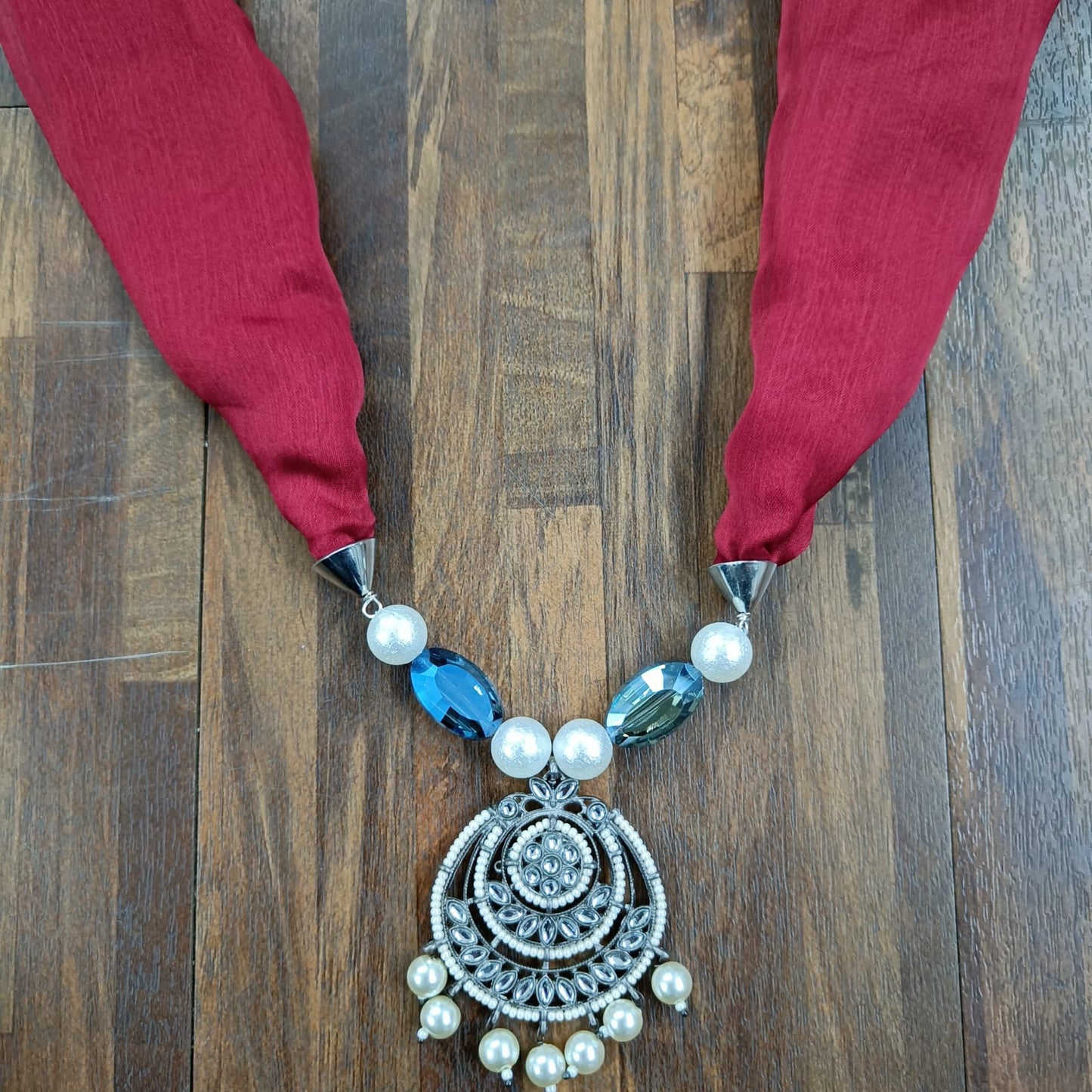 Bdiva Handmade Maroon Georgette Scarf with Traditional Kundan Pendant.