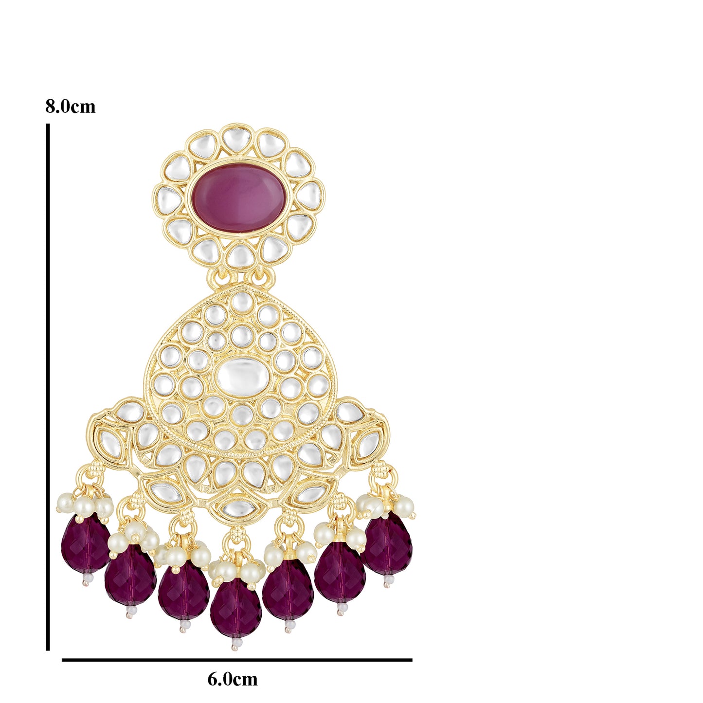 Bdiva 18K Gold Plated Red Ruby Kundan Chandbali Earrings with Semi Cultured Pearls.