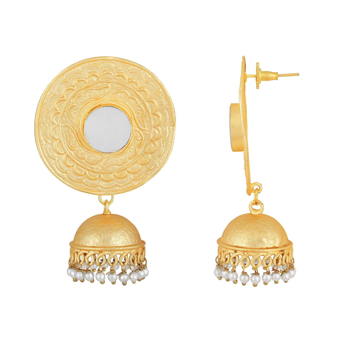 Bdiva 18K Gold Plated Intricately Carved Jhumka Earrings with Mother of Pearl.