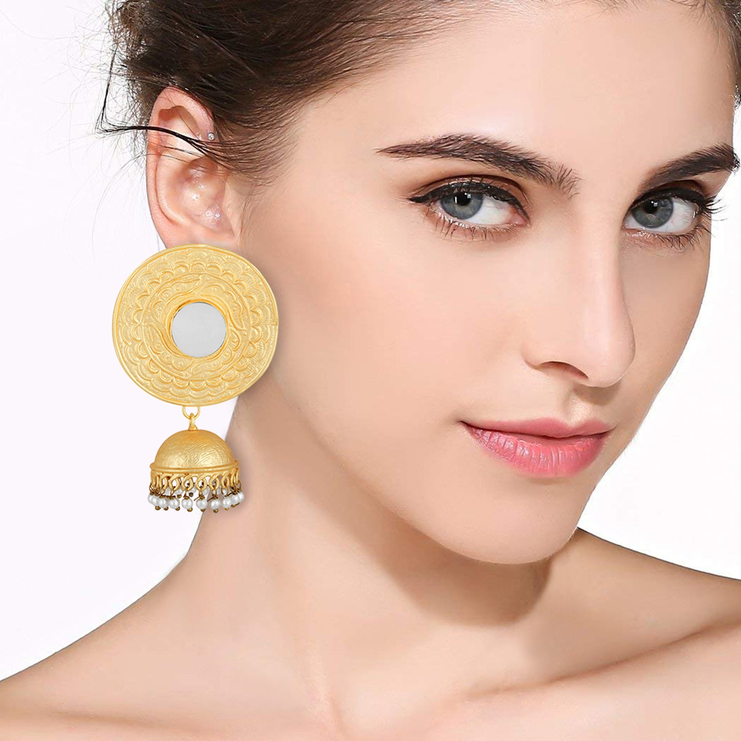 Bdiva 18K Gold Plated Intricately Carved Jhumka Earrings with Mother of Pearl.
