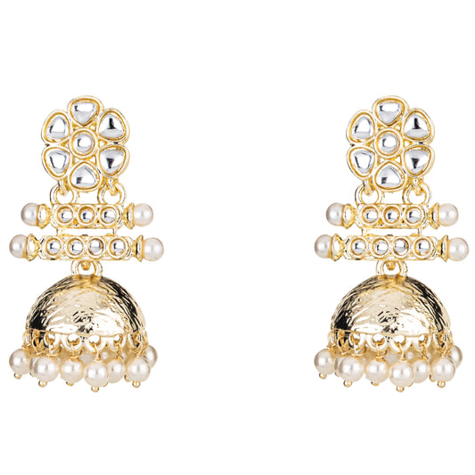 Bdiva 18K Multi Layer Gold Plated Kundan Jhumka Earrings with Semi Cultured Pearls.