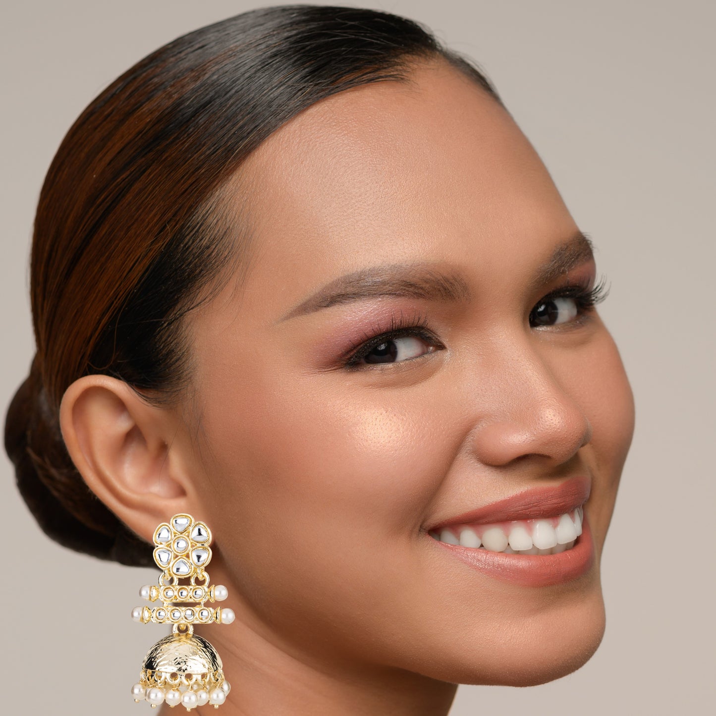 Bdiva 18K Multi Layer Gold Plated Kundan Jhumka Earrings with Semi Cultured Pearls.