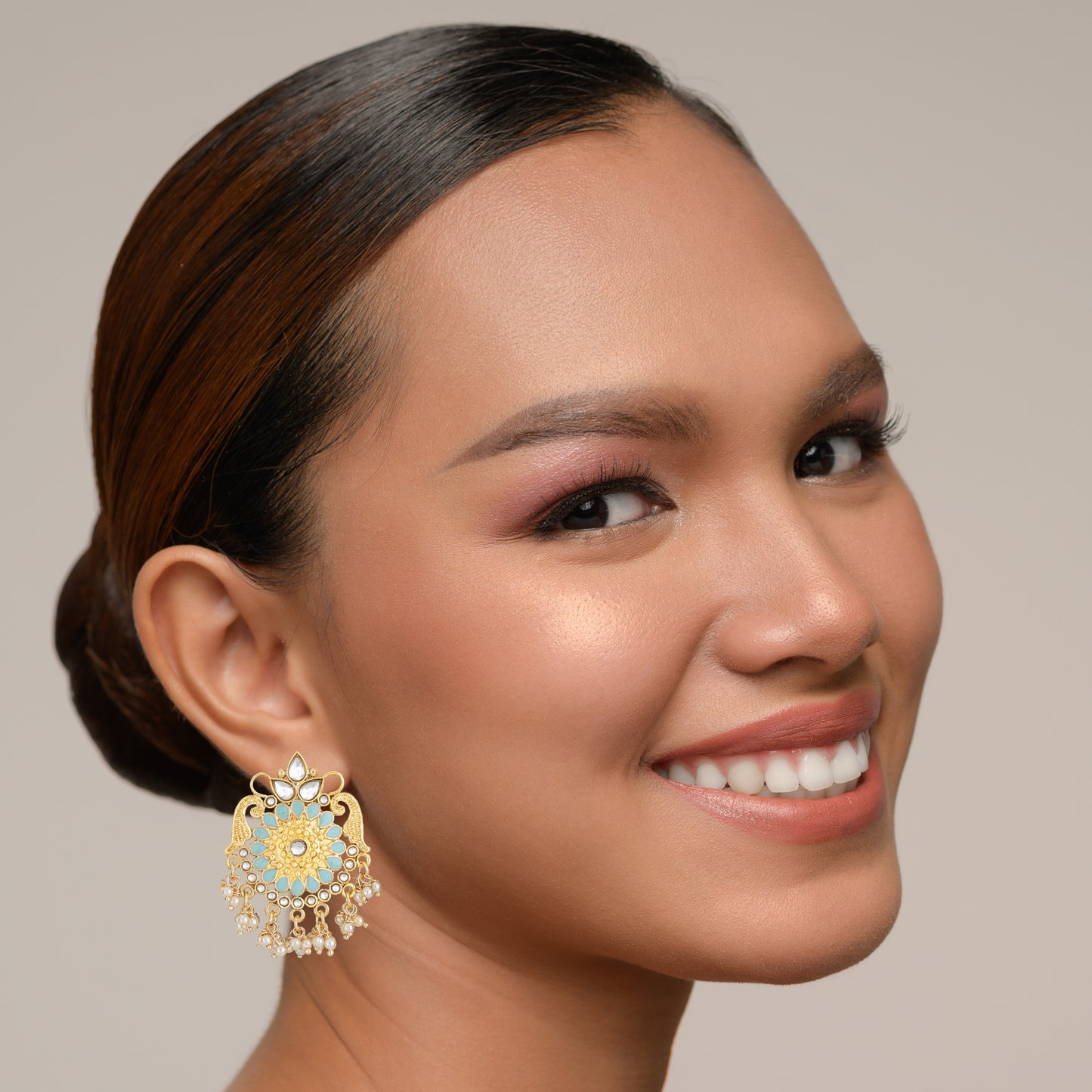 Bdiva 18K Gold Plated Turquoise Kundan Meenakari Earrings with Semi Cultured Pearls.