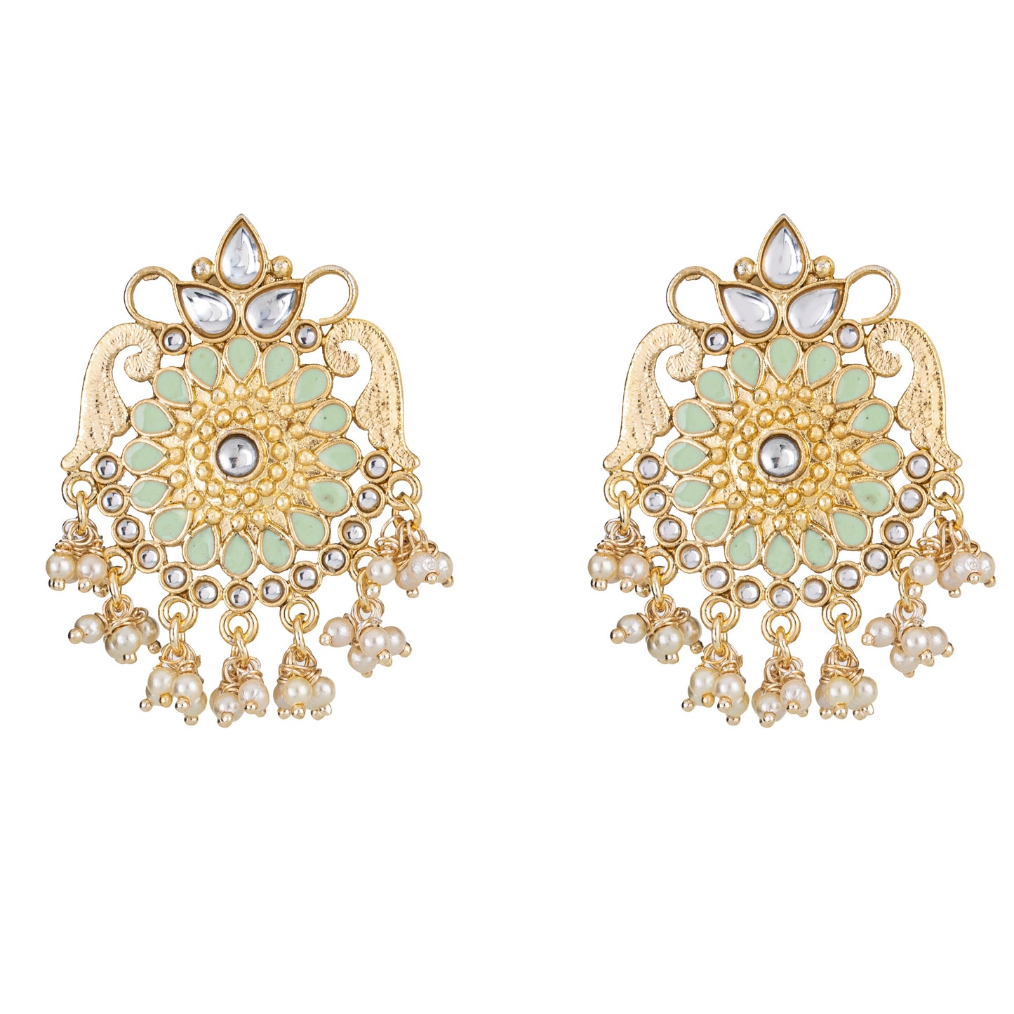 Bdiva 18K Gold Plated Green Kundan Meenakari Earrings with Semi Cultured Pearls.