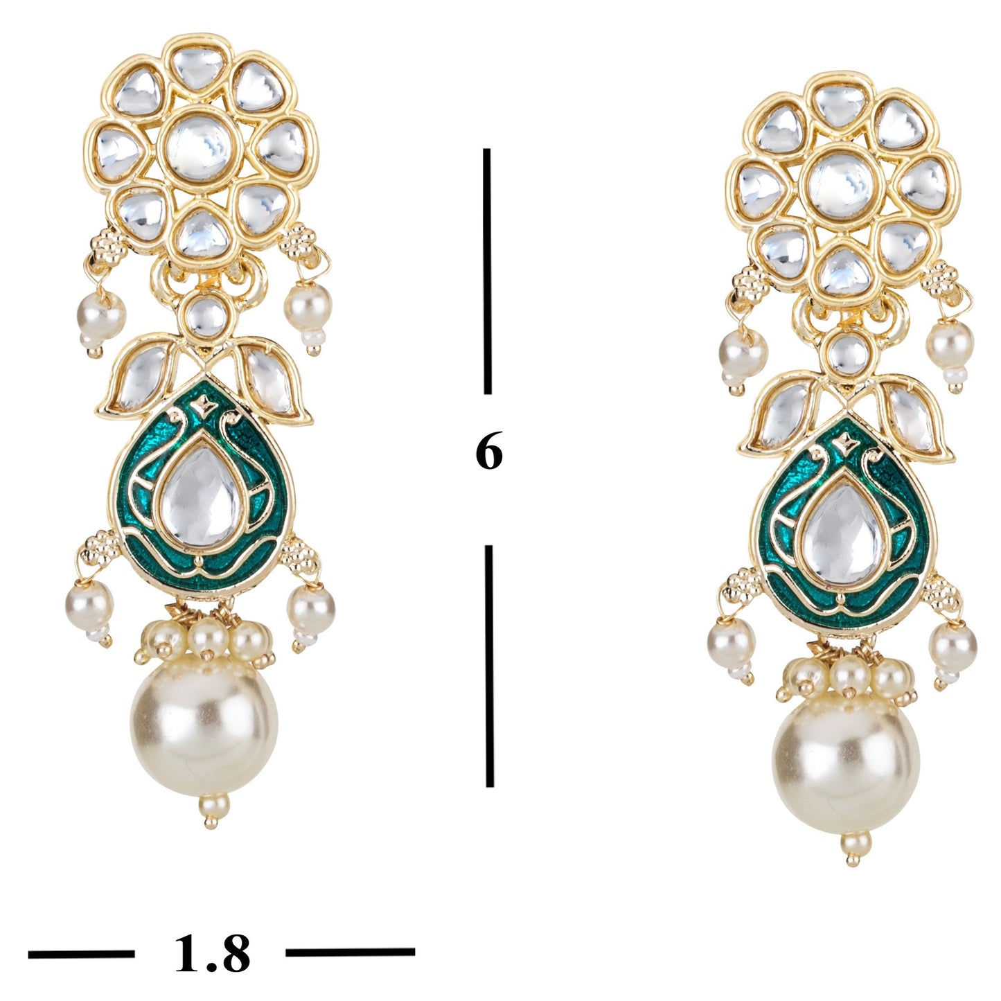 Bdiva 18K Gold Plated Green Kundan Meenakari Drop Earrings with Semi Cultured Pearls.