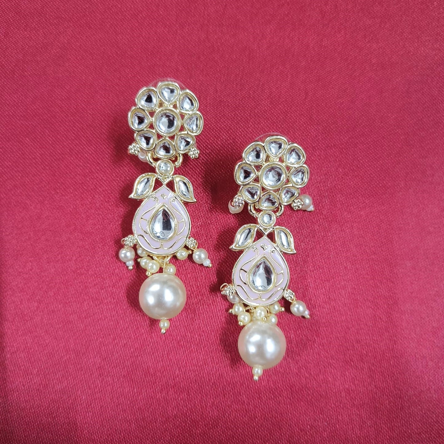Bdiva 18K Gold Plated Pink Kundan Meenakari Drop Earrings with Semi Cultured Pearls.