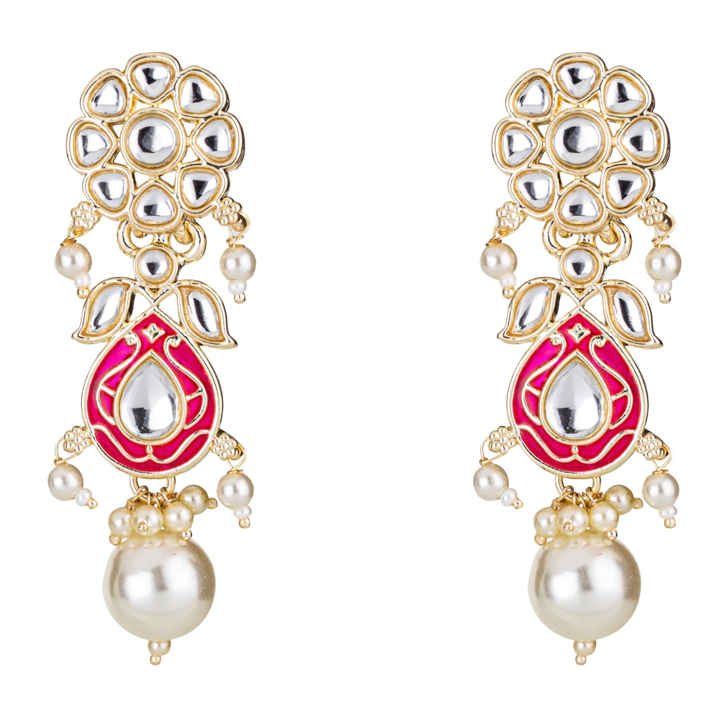 Bdiva 18K Gold Plated Red Kundan Meenakari Drop Earrings with Semi Cultured Pearls.