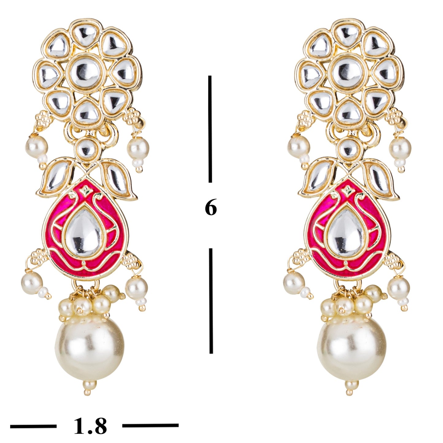 Bdiva 18K Gold Plated Red Kundan Meenakari Drop Earrings with Semi Cultured Pearls.