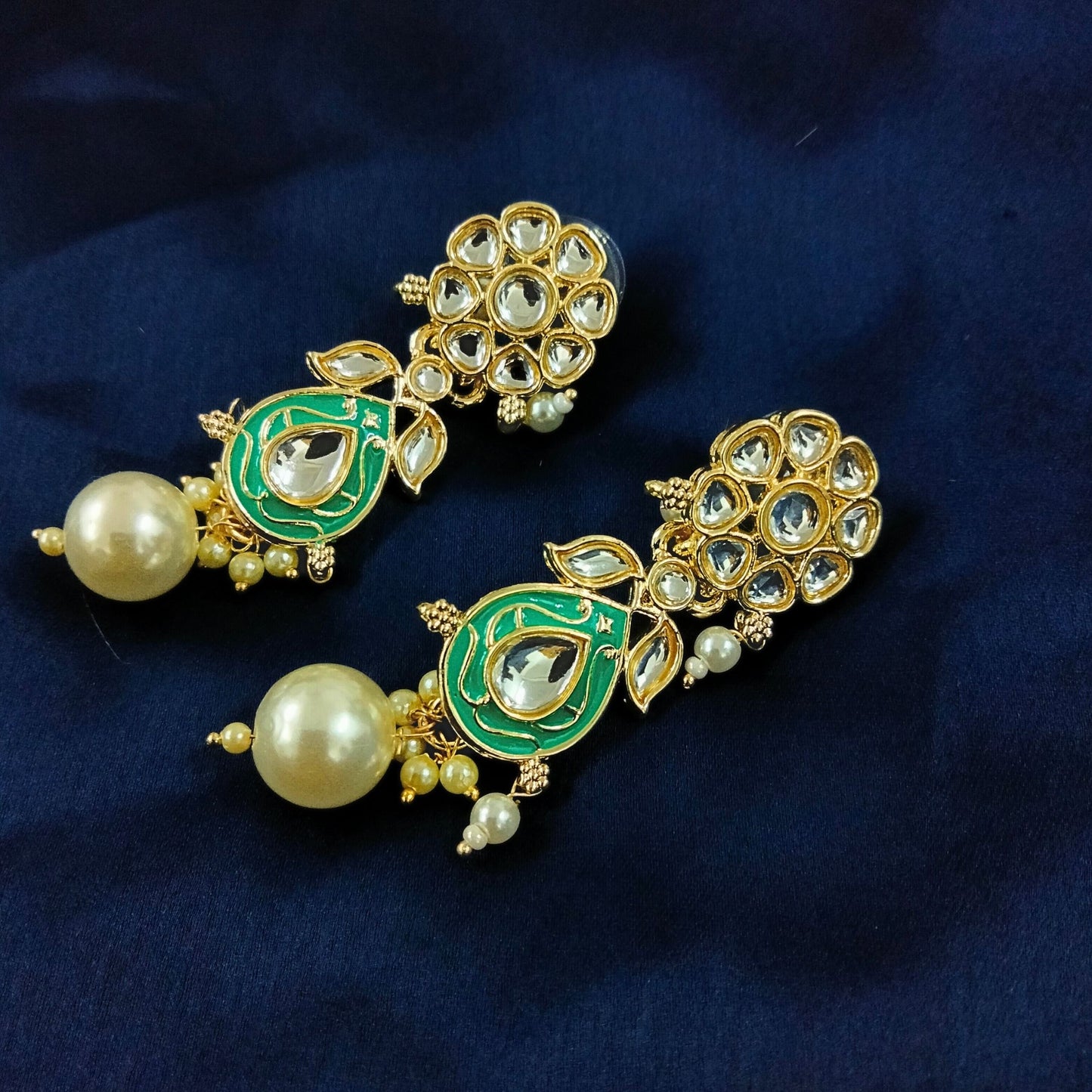 Bdiva 18K Gold Plated Green Kundan Meenakari Drop Earrings with Semi Cultured Pearls.