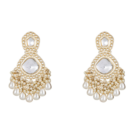 Bdiva 18K Gold Plated Kundan Dangler Earrings with Semi Cultured Pearls
