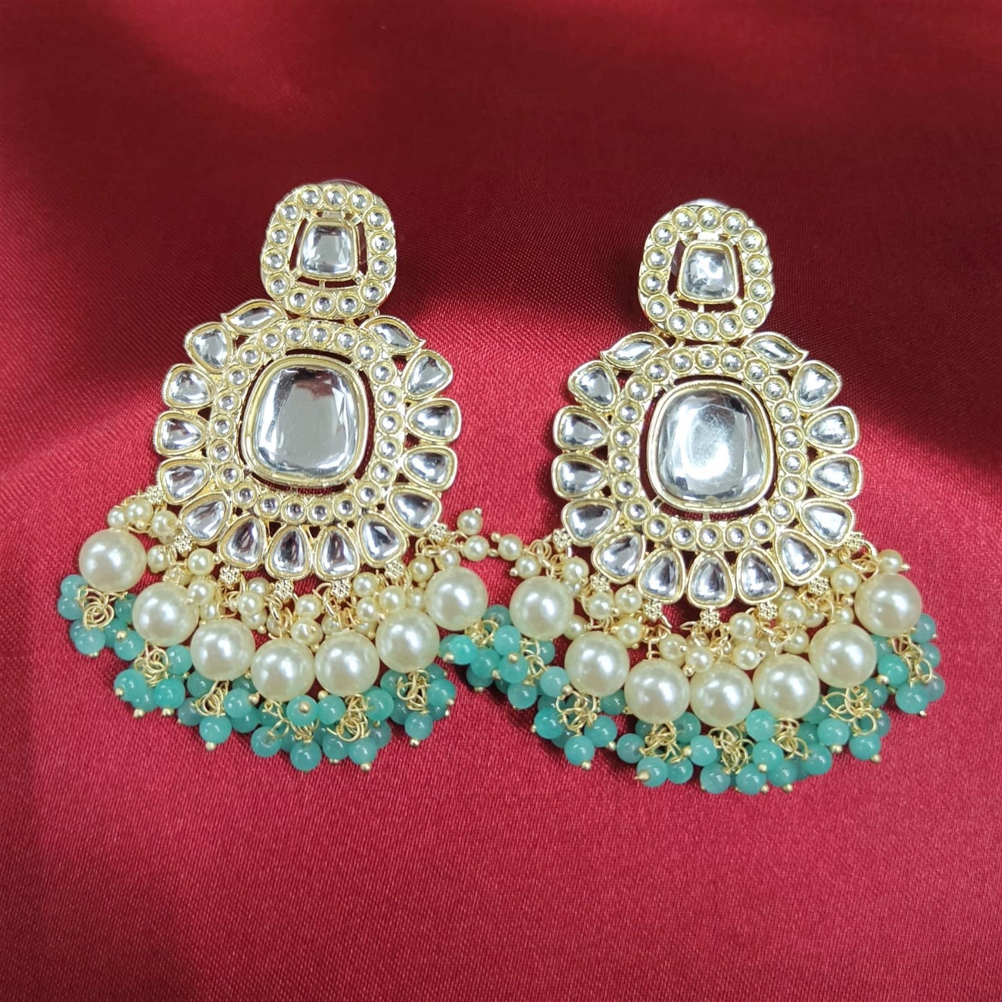 Bdiva 18K Gold Plated Turquoise Kundan Dangler Earrings with Semi Cultured Pearls.