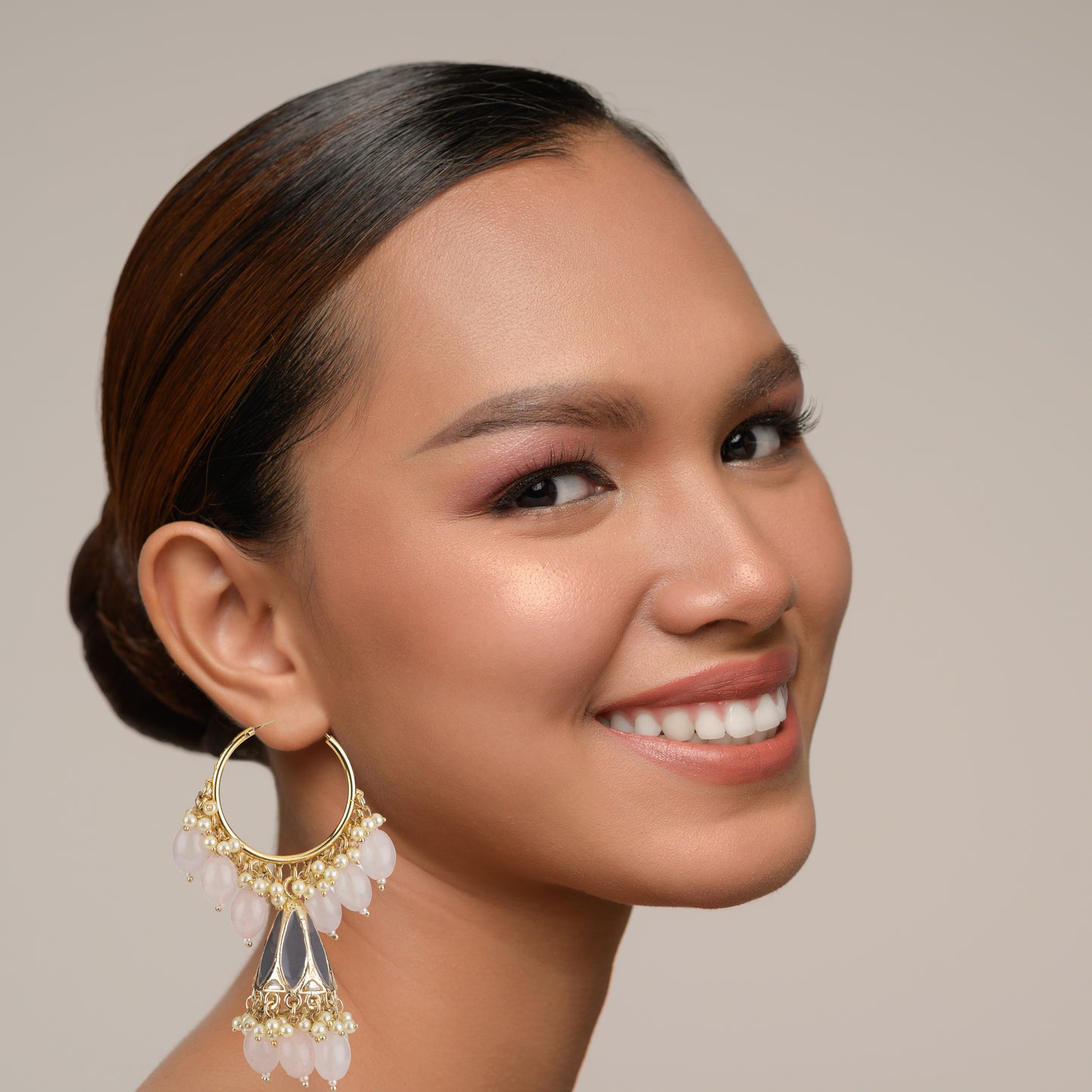 Bdiva 18K Gold Plated Rose Quartz Chandbali Hoops Earring with Semi Cultured Pearls.