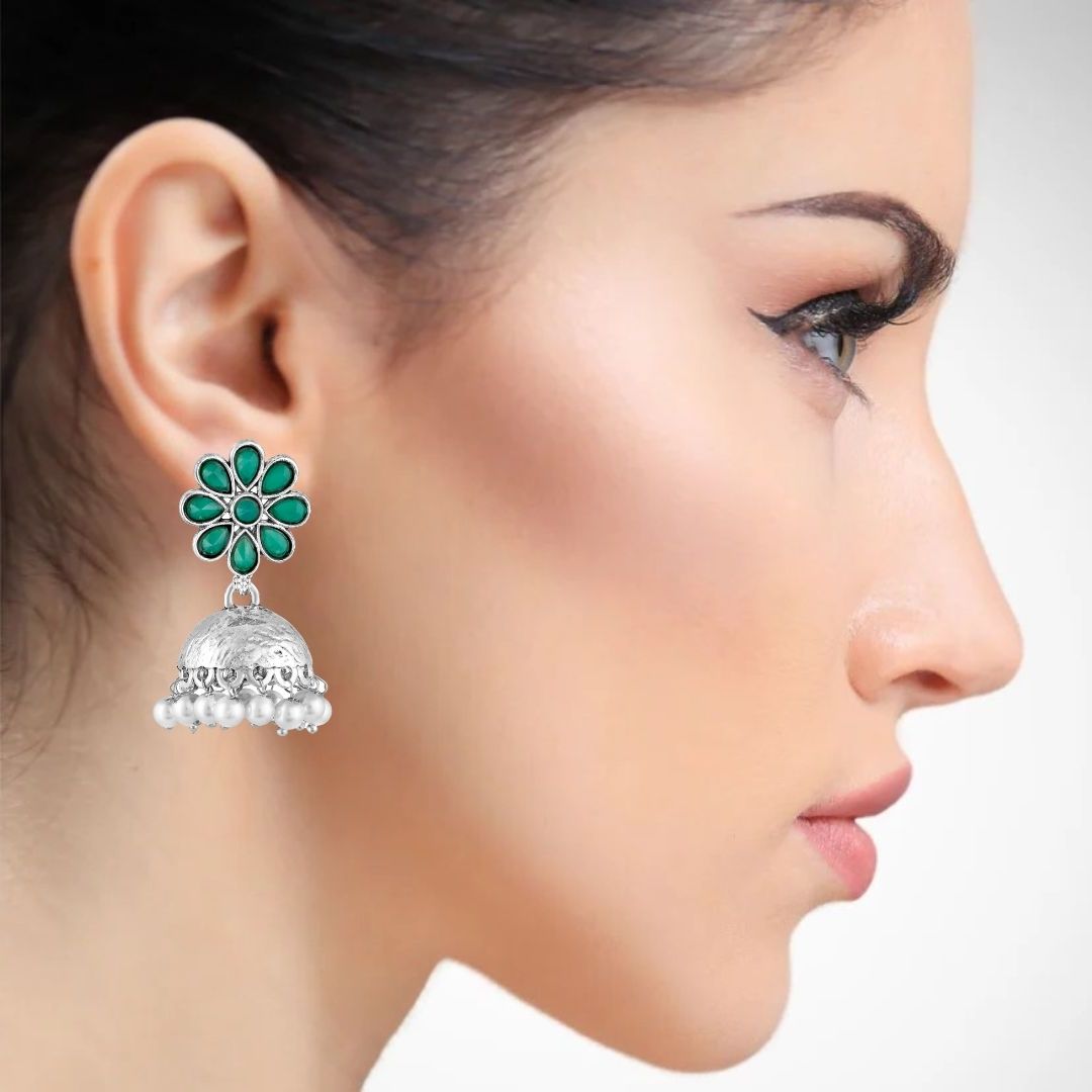 BDiva Oxidized Fusion of Tradition and Elegance Green Stone Floral Jhumka Earrings