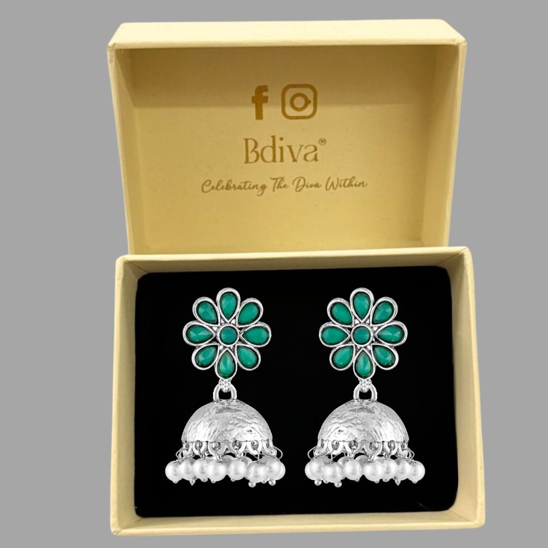 BDiva Oxidized Fusion of Tradition and Elegance Green Stone Floral Jhumka Earrings