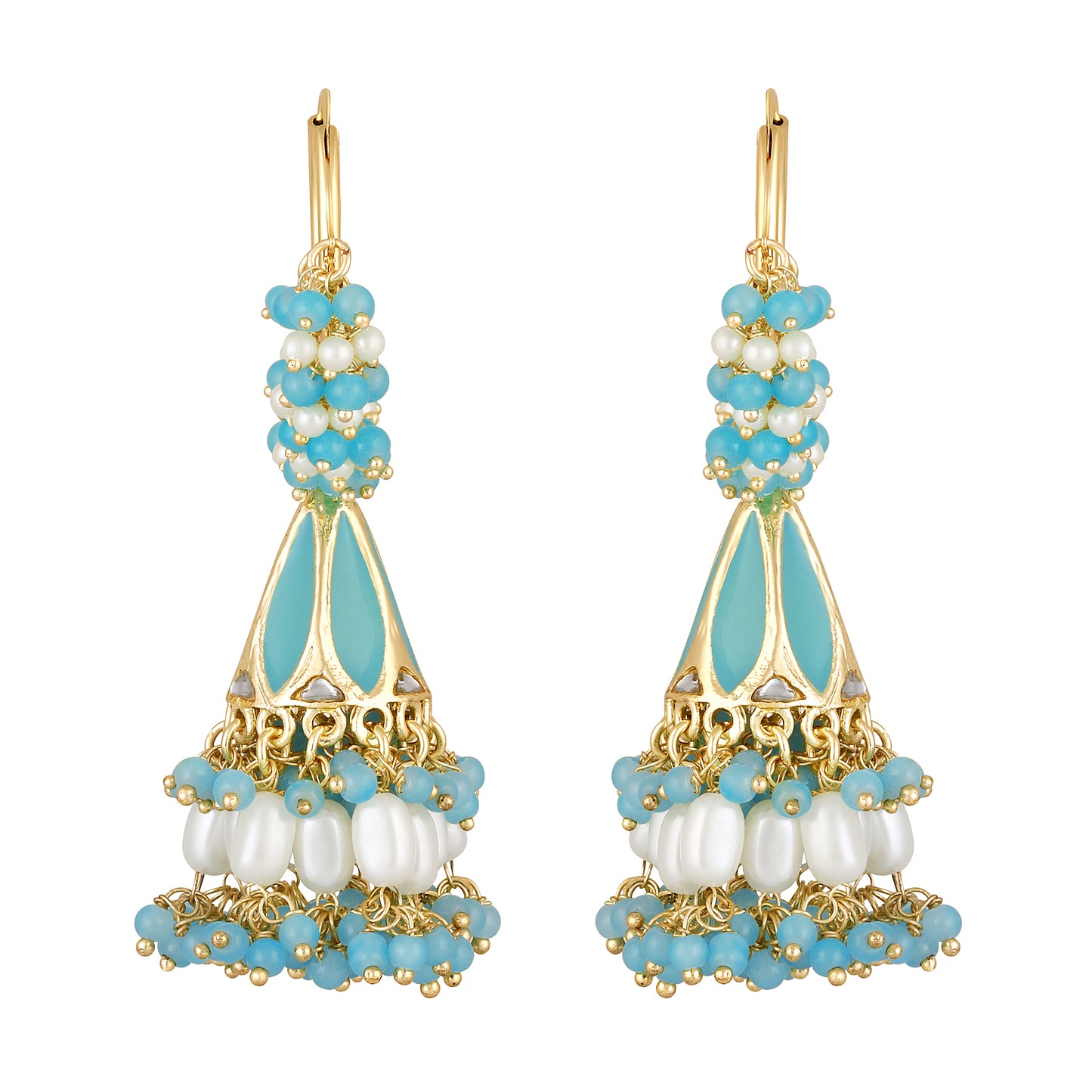 Bdiva 18K Gold Plated Turquoise Chandbali Earrings with Semi Cultured Pearls.