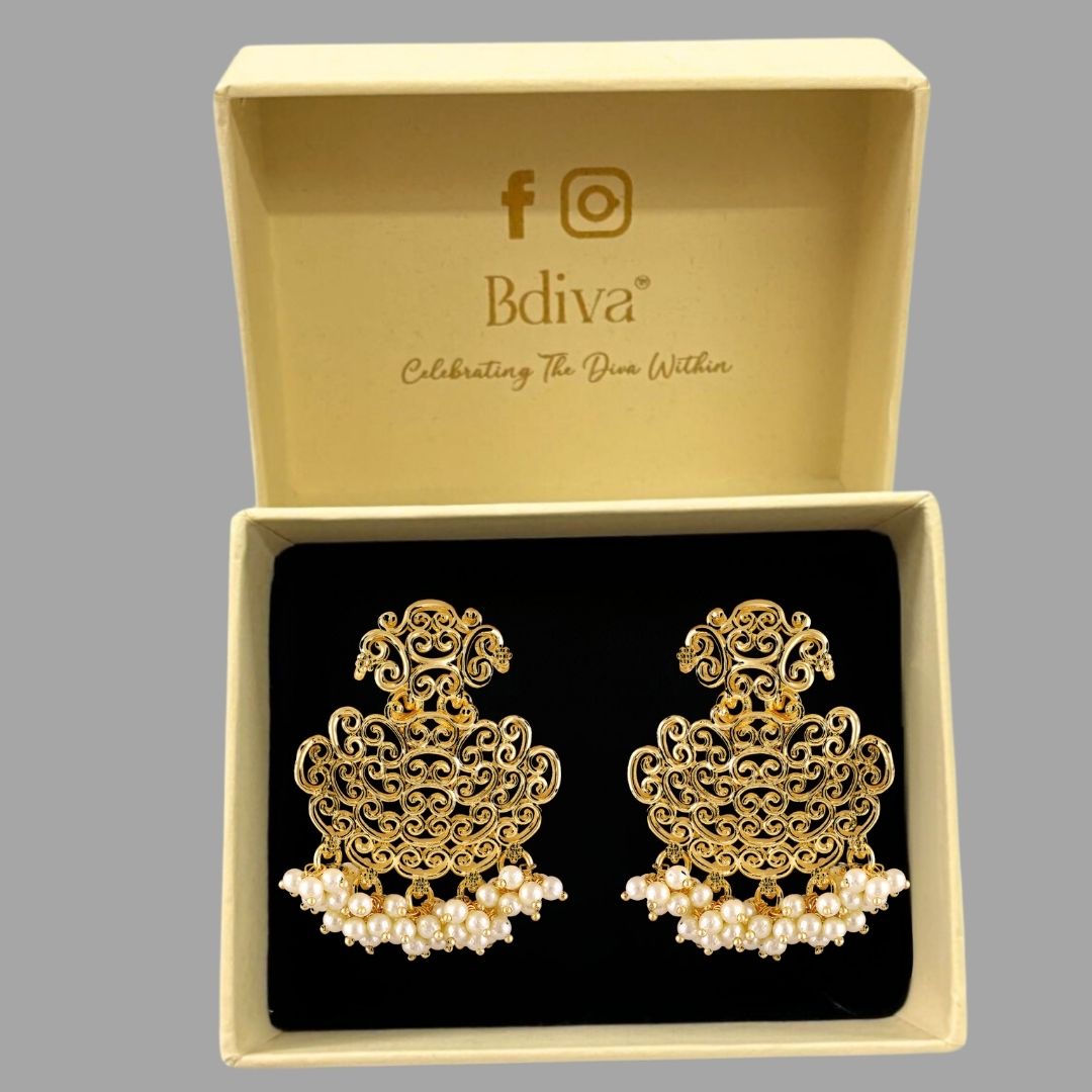 BDiva 18k Gold Plated Filigree Pearl Drop Earrings