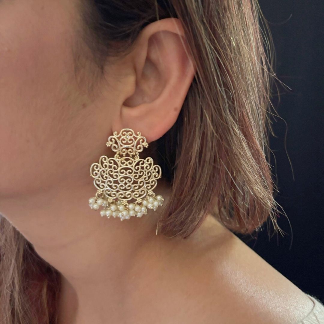 BDiva 18k Gold Plated Filigree Pearl Drop Earrings