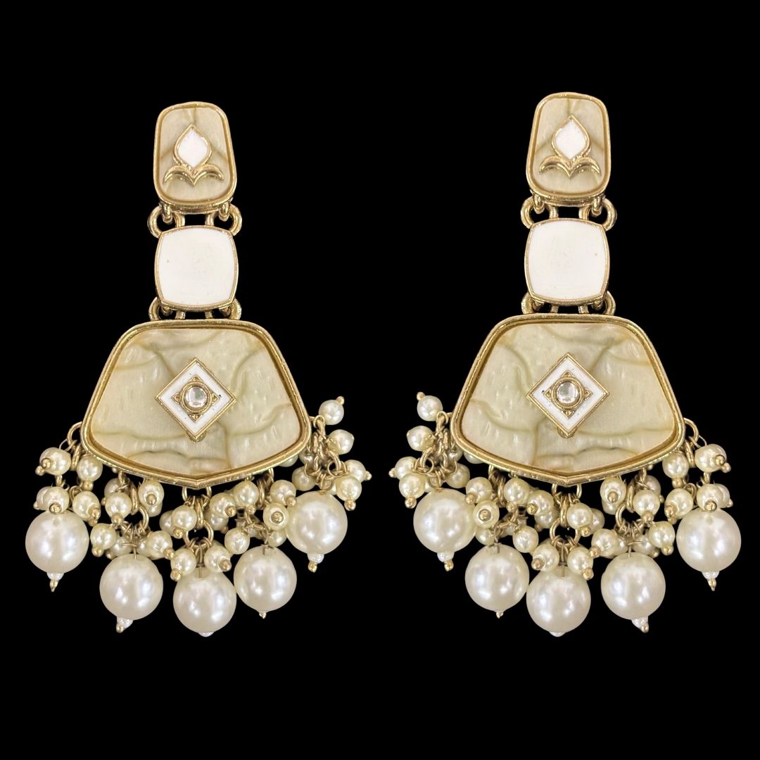 Gold Plated Pearl Drop Earrings with Intricate Enamel Detailing