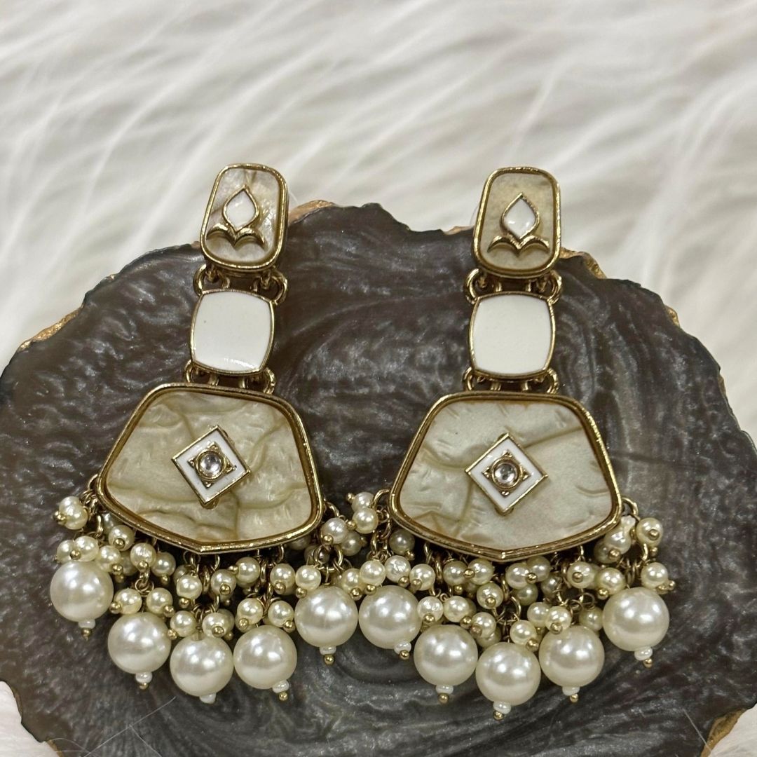 Gold Plated Pearl Drop Earrings with Intricate Enamel Detailing