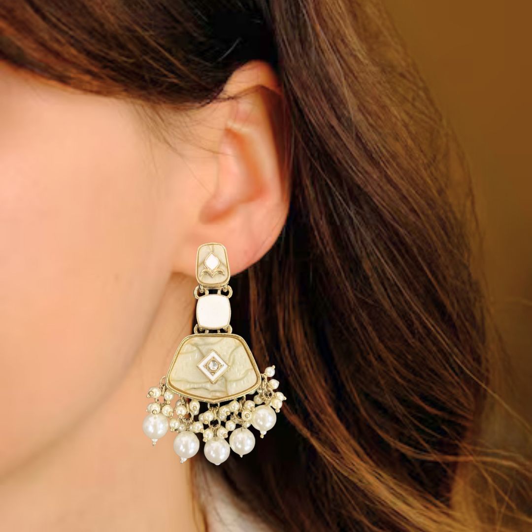 Gold Plated Pearl Drop Earrings with Intricate Enamel Detailing