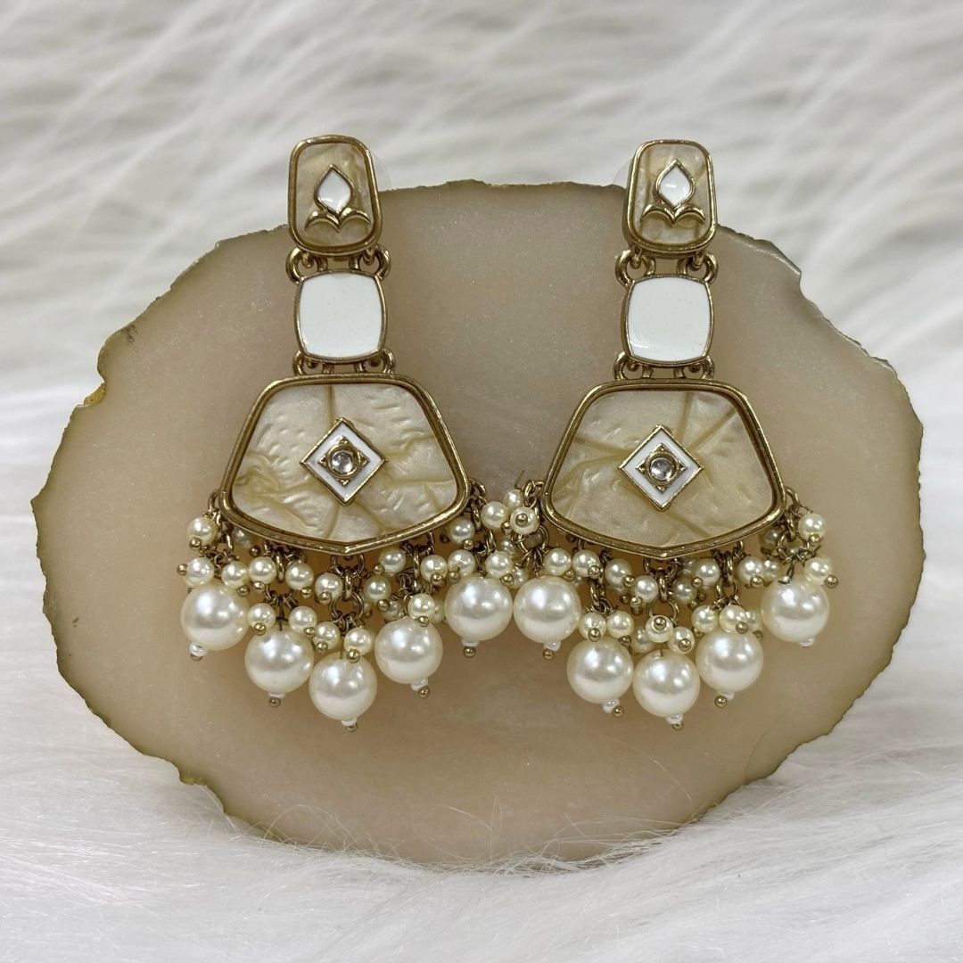 Gold Plated Pearl Drop Earrings with Intricate Enamel Detailing