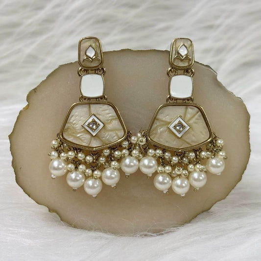 Gold Plated Pearl Drop Earrings with Intricate Enamel Detailing