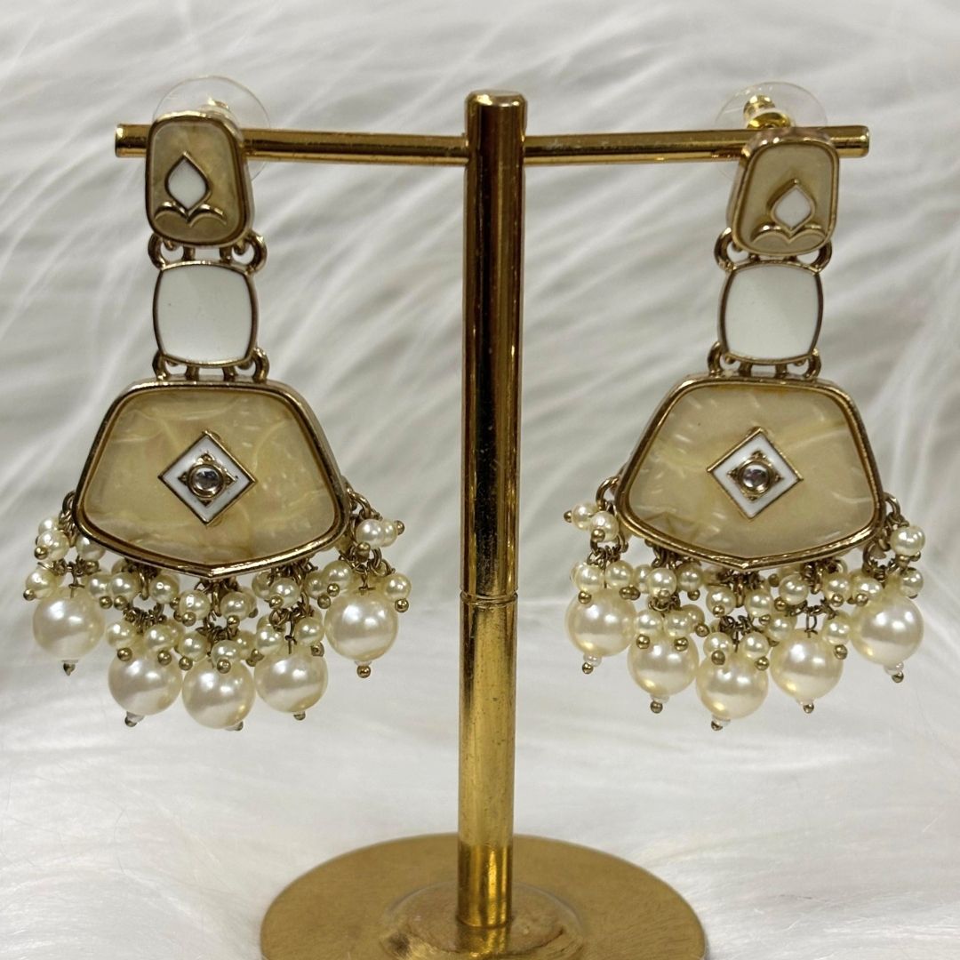 Gold Plated Pearl Drop Earrings with Intricate Enamel Detailing