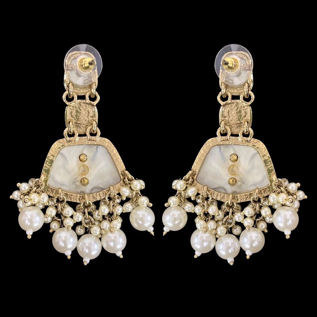 Gold Plated Pearl Drop Earrings with Intricate Enamel Detailing