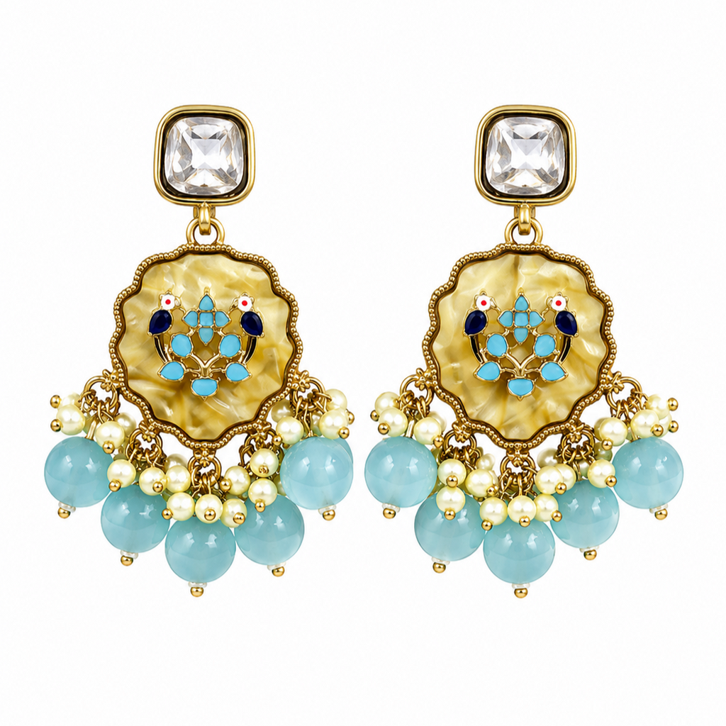 Gold Plated Kundan Pearl Drop Earrings
