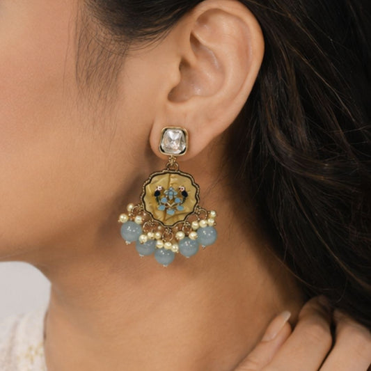 Gold Plated Kundan Pearl Drop Earrings