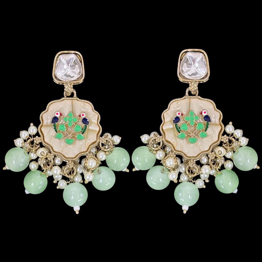 High-Quality Gold Plated Kundan Enamel Earrings with Green Semi-Cultured Pearls