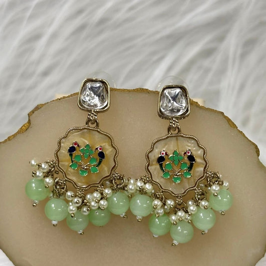 High-Quality Gold Plated Kundan Enamel Earrings with Green Semi-Cultured Pearls
