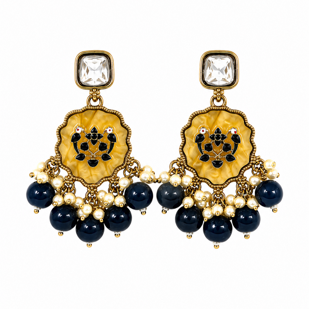 Gold Plated Kundan Pearl Drop Earrings