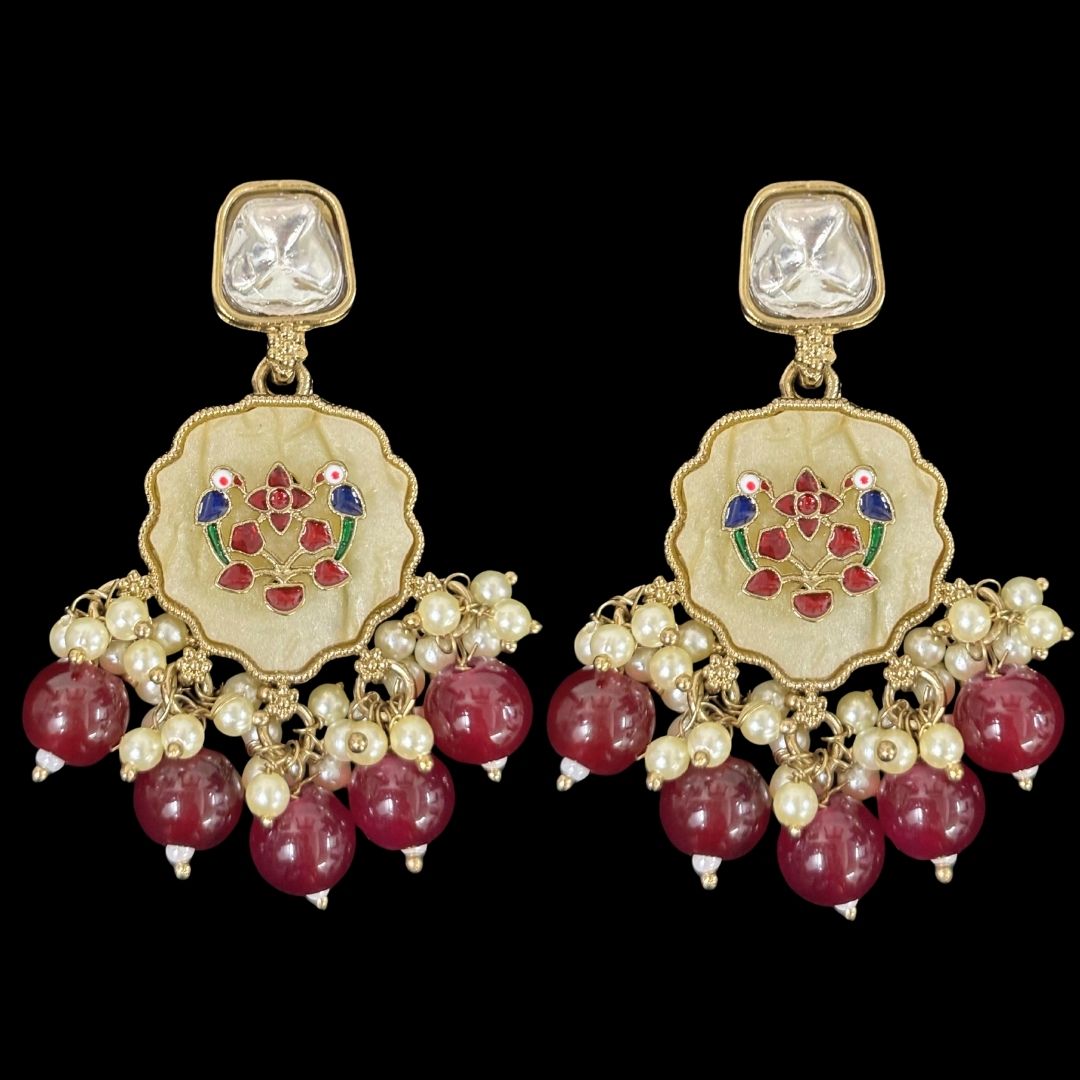 High-Quality Gold Plated Kundan Enamel Earrings with Maroon Semi-Cultured Pearls