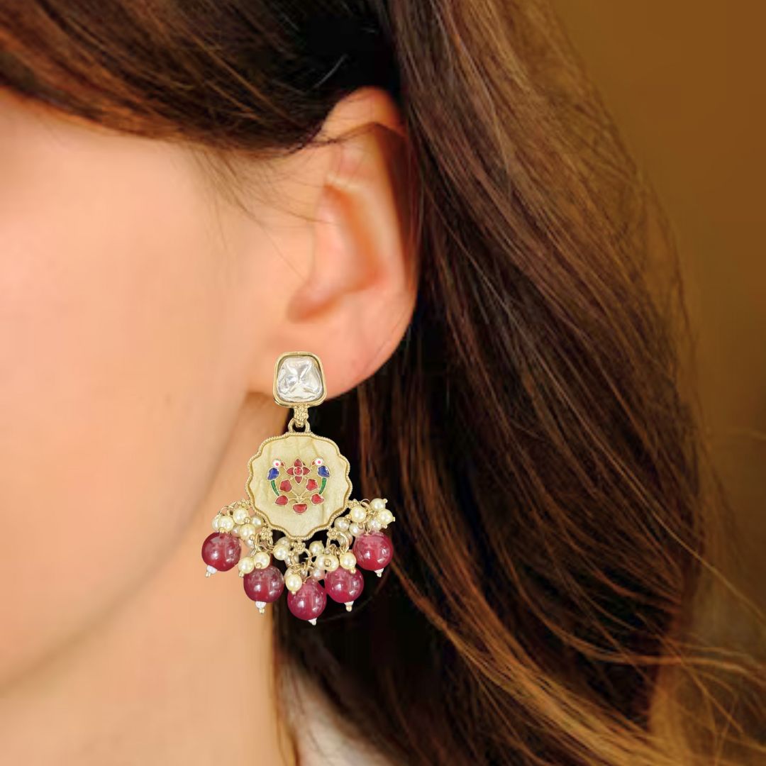 High-Quality Gold Plated Kundan Enamel Earrings with Maroon Semi-Cultured Pearls