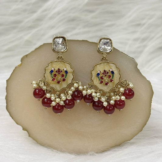 High-Quality Gold Plated Kundan Enamel Earrings with Maroon Semi-Cultured Pearls
