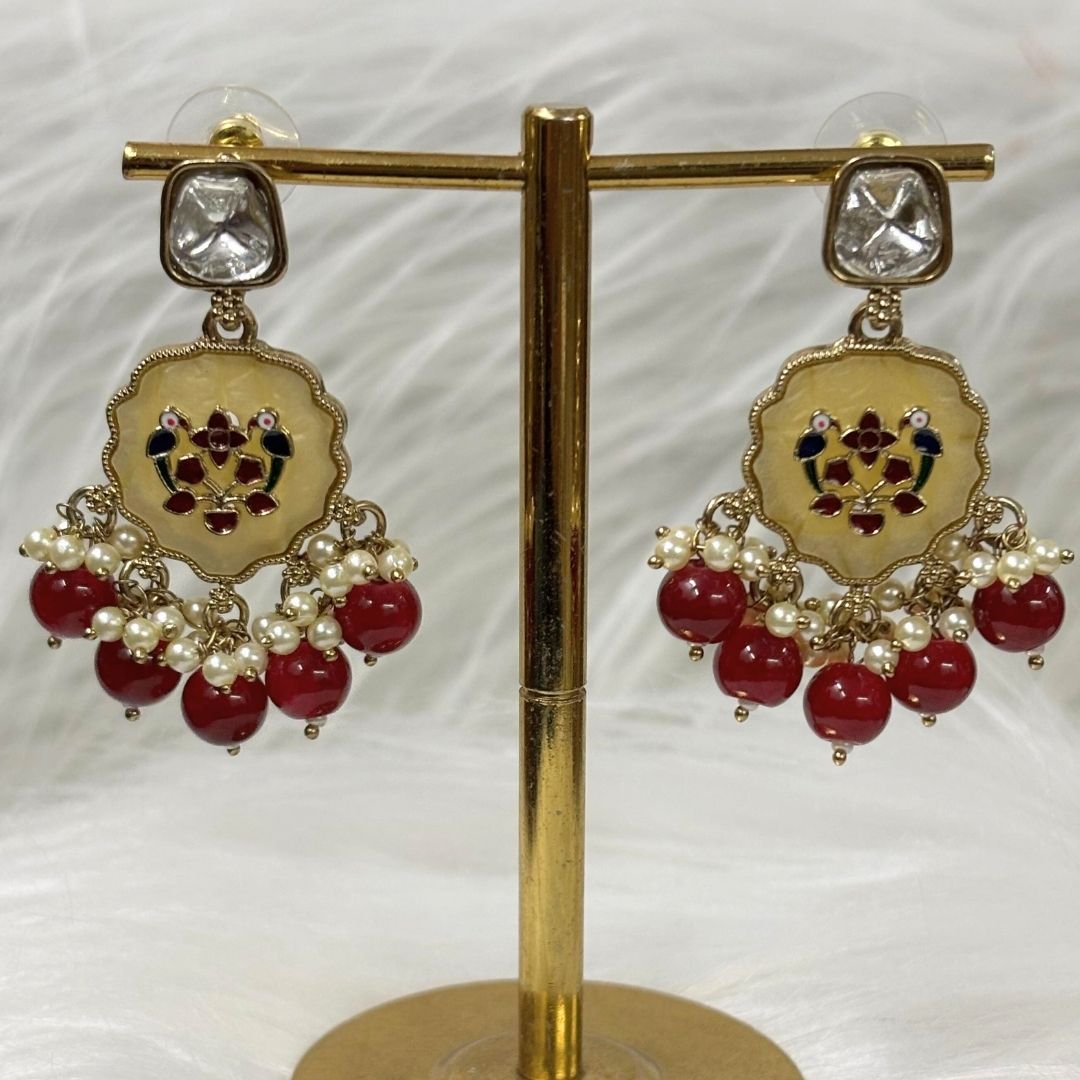High-Quality Gold Plated Kundan Enamel Earrings with Maroon Semi-Cultured Pearls