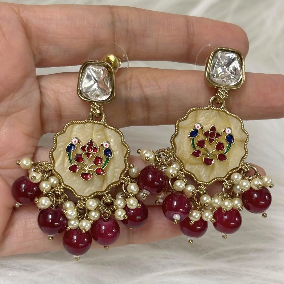 High-Quality Gold Plated Kundan Enamel Earrings with Maroon Semi-Cultured Pearls