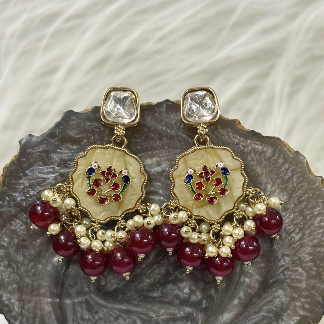 High-Quality Gold Plated Kundan Enamel Earrings with Maroon Semi-Cultured Pearls