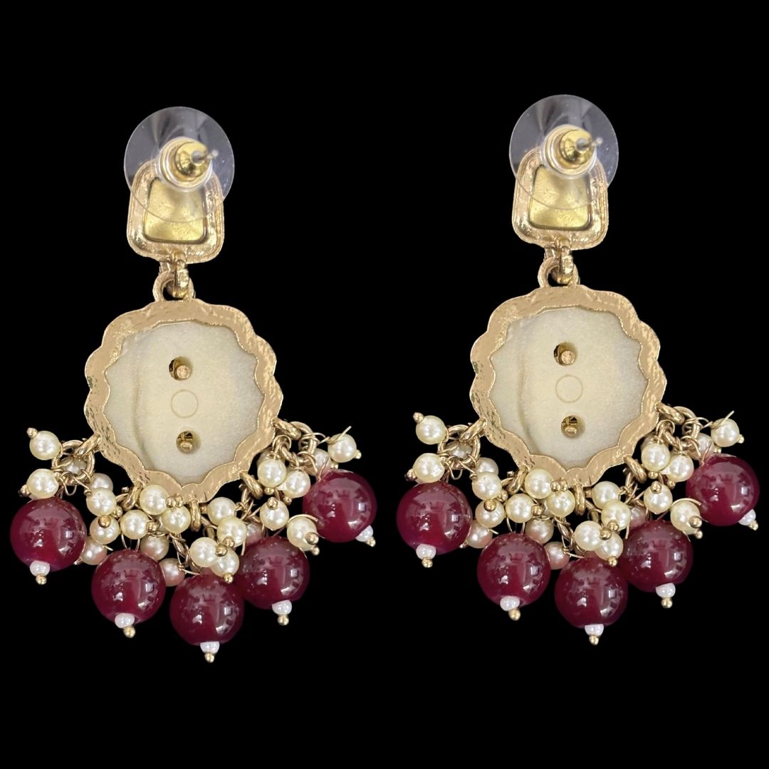 High-Quality Gold Plated Kundan Enamel Earrings with Maroon Semi-Cultured Pearls
