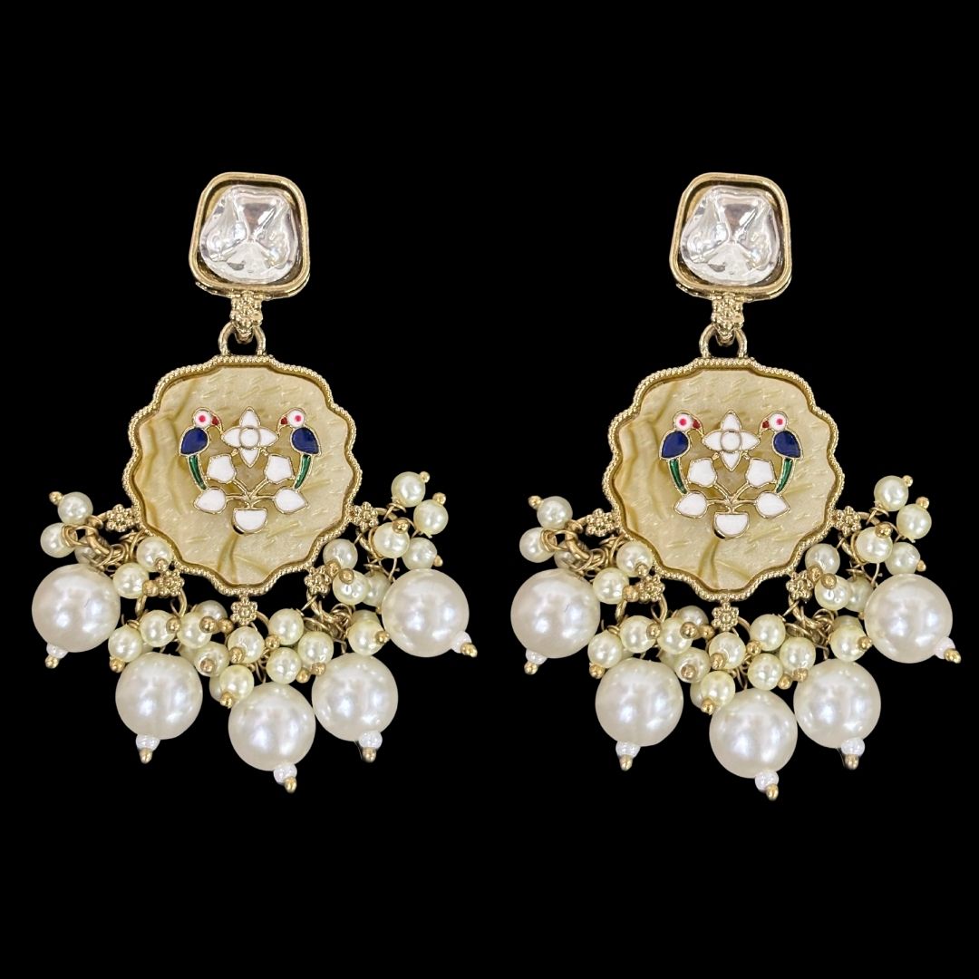 High-Quality Gold Plated Kundan Dangler Earrings with Enamel & White Semi-Cultured Pearls