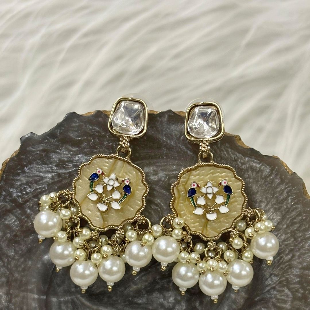 High-Quality Gold Plated Kundan Dangler Earrings with Enamel & White Semi-Cultured Pearls