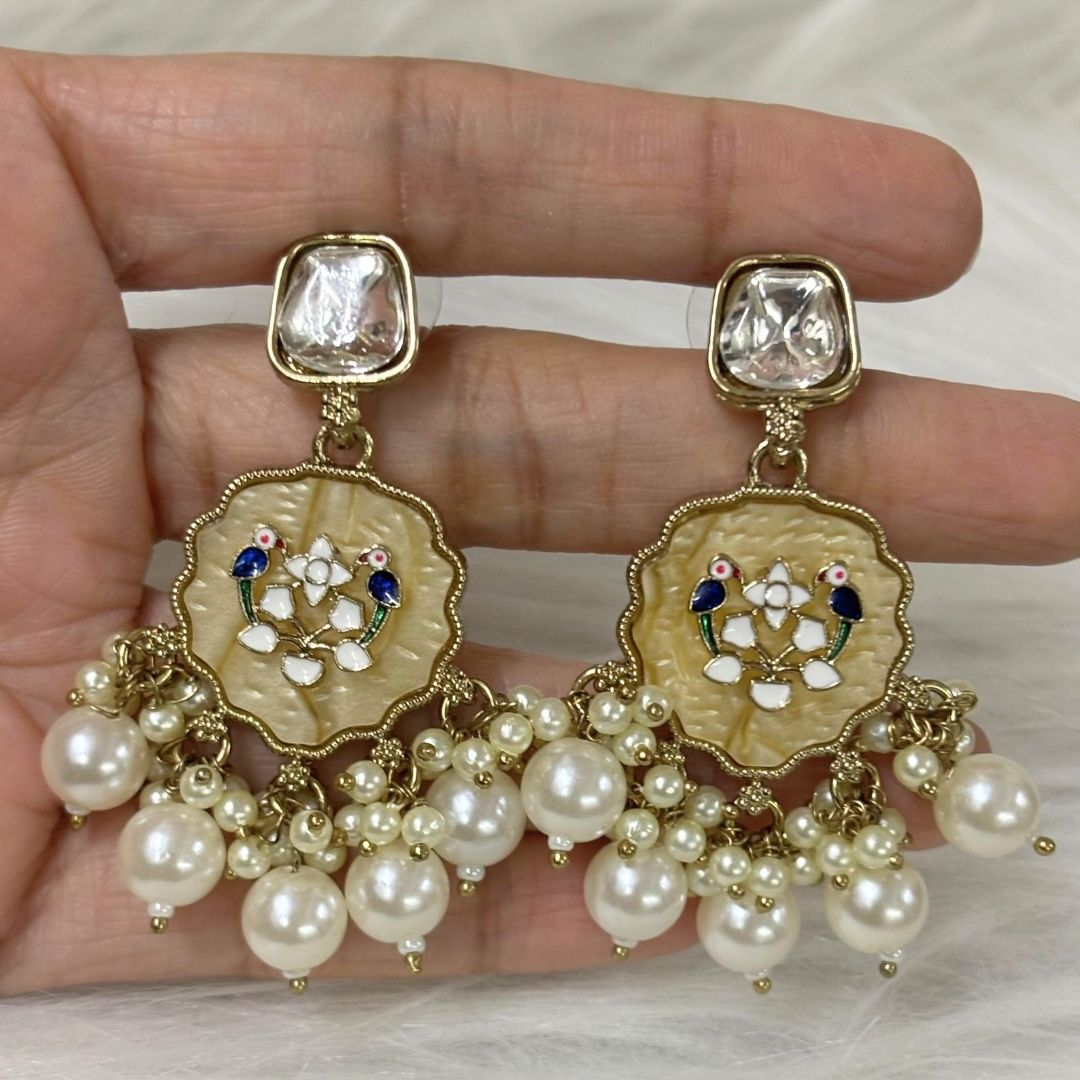 High-Quality Gold Plated Kundan Dangler Earrings with Enamel & White Semi-Cultured Pearls