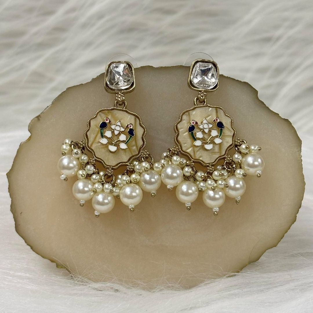 High-Quality Gold Plated Kundan Dangler Earrings with Enamel & White Semi-Cultured Pearls
